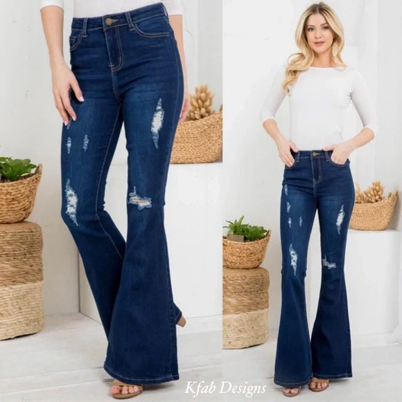 ❤️LAST 3! High Waist Dark Denim Distressed Flare Jeans! - Picture 2 of 7